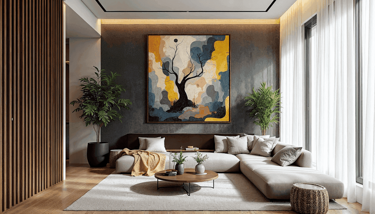 Modern living room with abstract art, beige sectional sofa, indoor plants, and large windows.