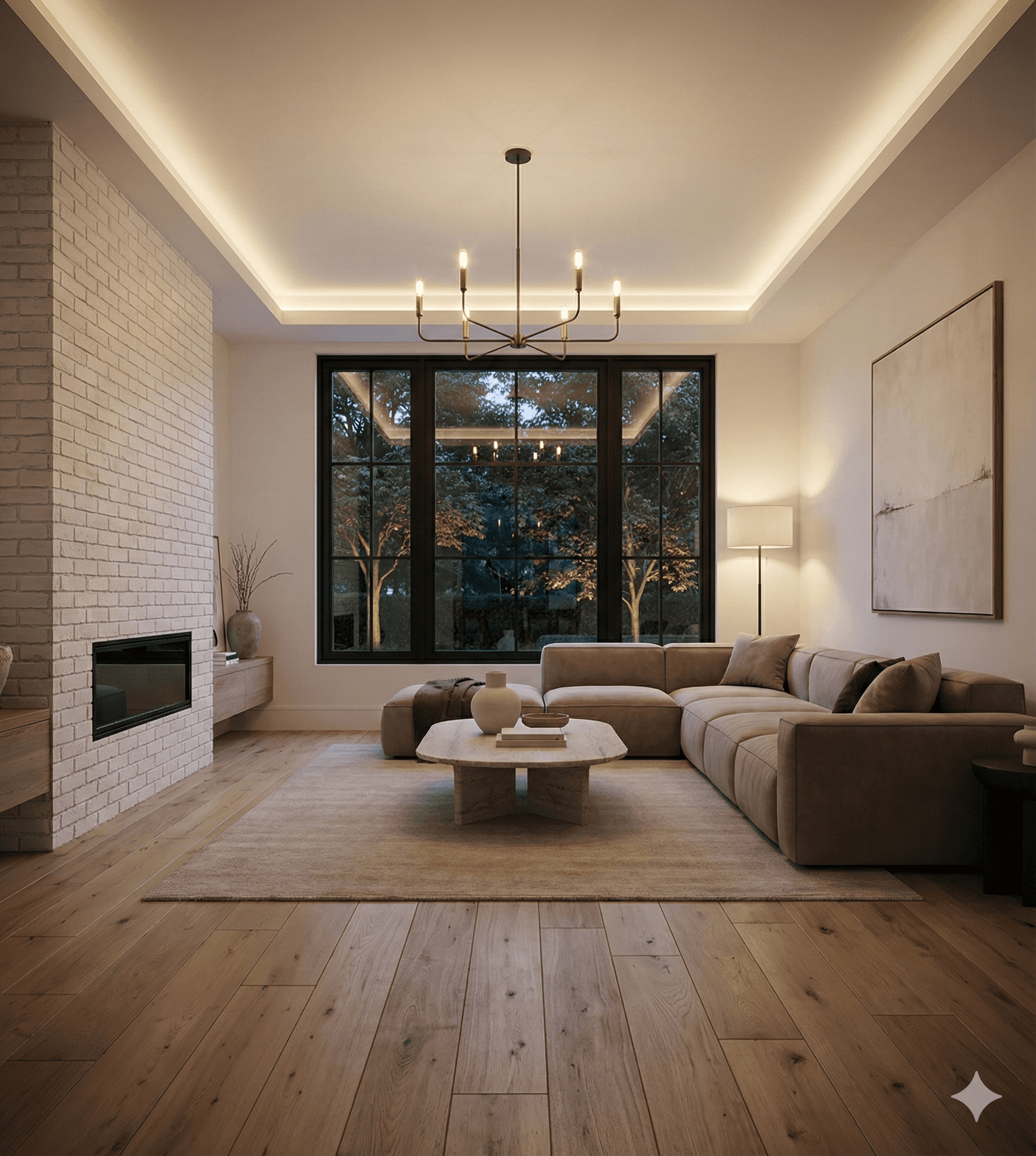 A modern house with large windows and a flat roof, surrounded by greenery against a clear blue sky.