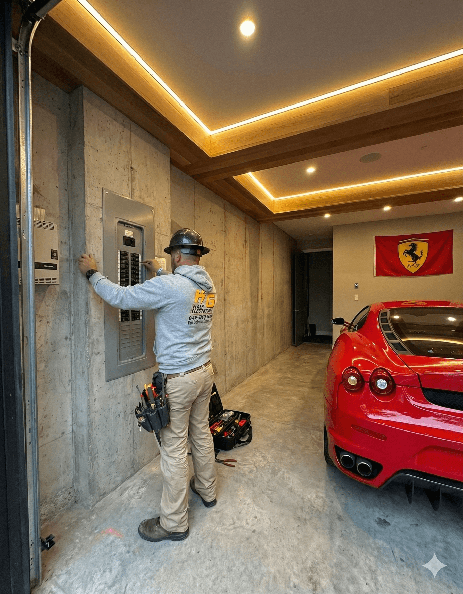 A modern hallway features vibrant teal and orange geometric and leaf patterns, with glossy tiled floors, a large rectangular light fixture, and a small shelf holding a potted plant, all leading to a large, frosted window at the end.