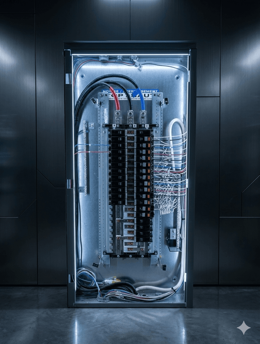 Modern bathroom featuring a walk-in shower, wooden vanity, round mirror, and elegant marble tiles.