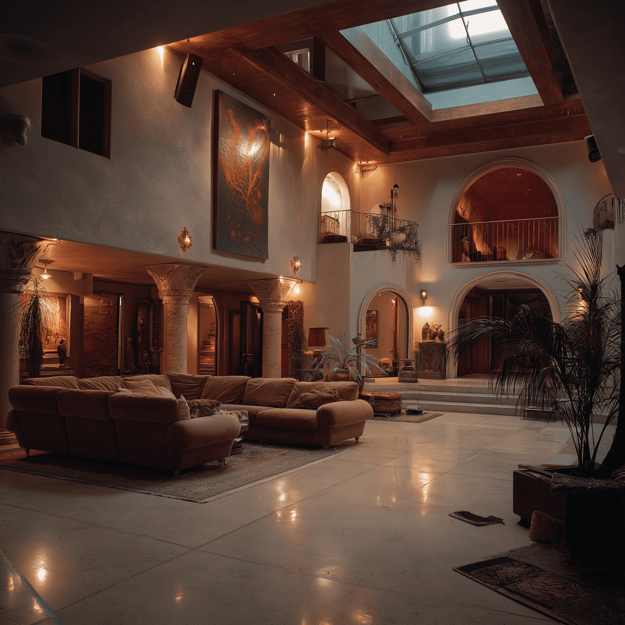 Spacious, luxurious living room with high ceilings, an elegant beige sectional sofa, warm ambient lighting, classical artwork, and rustic architectural elements, featuring an open layout with a view of a mezzanine level.