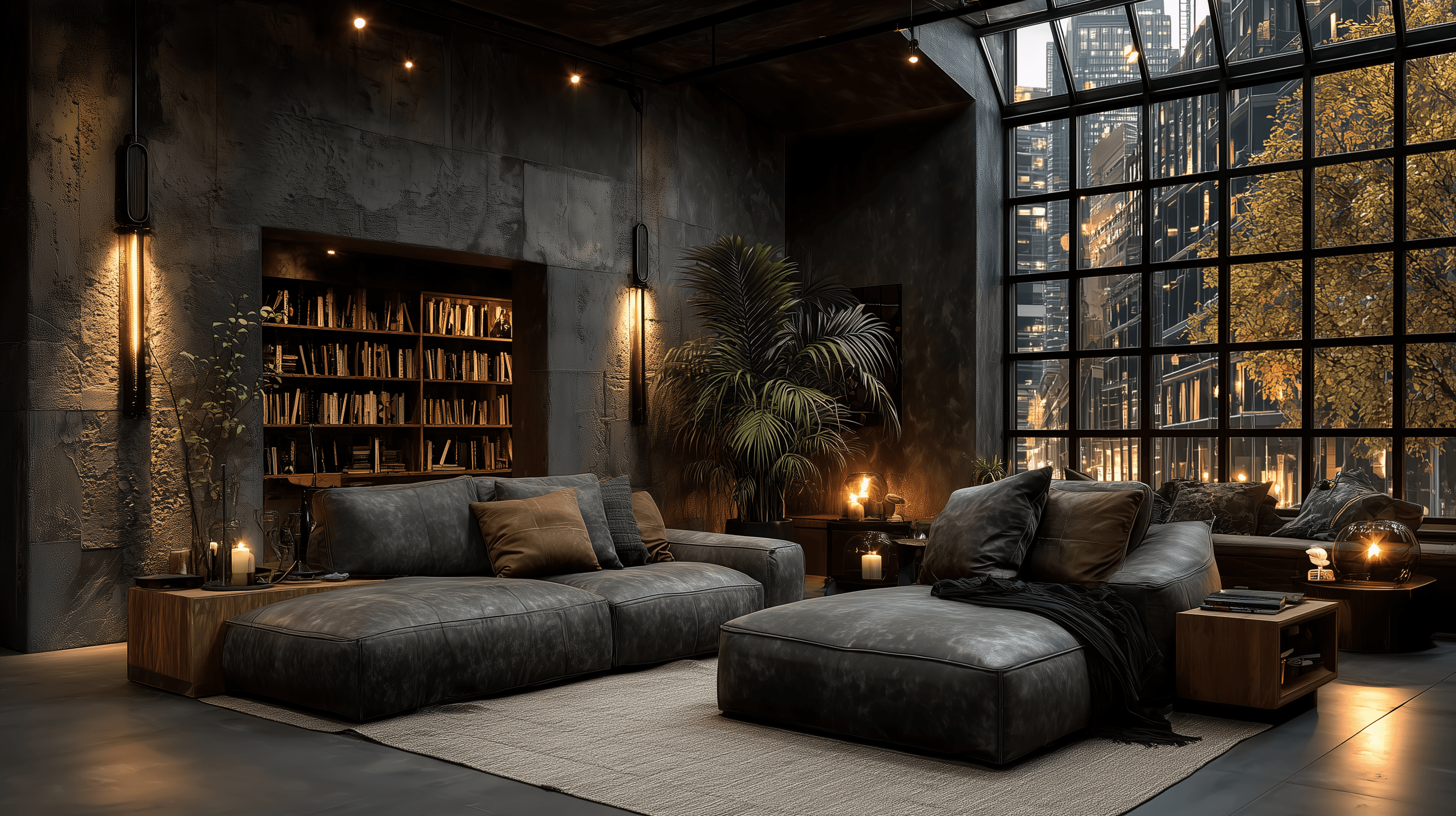 Modern indoor space with large glass doors, lush greenery, and a cozy seating area visible beyond.