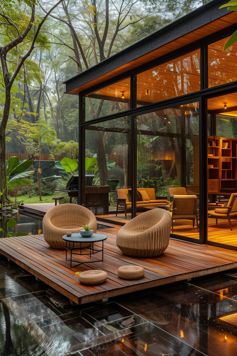 Modern glass and wood cabin with a cozy outdoor deck featuring wicker furniture, surrounded by lush green trees and a serene forest setting.