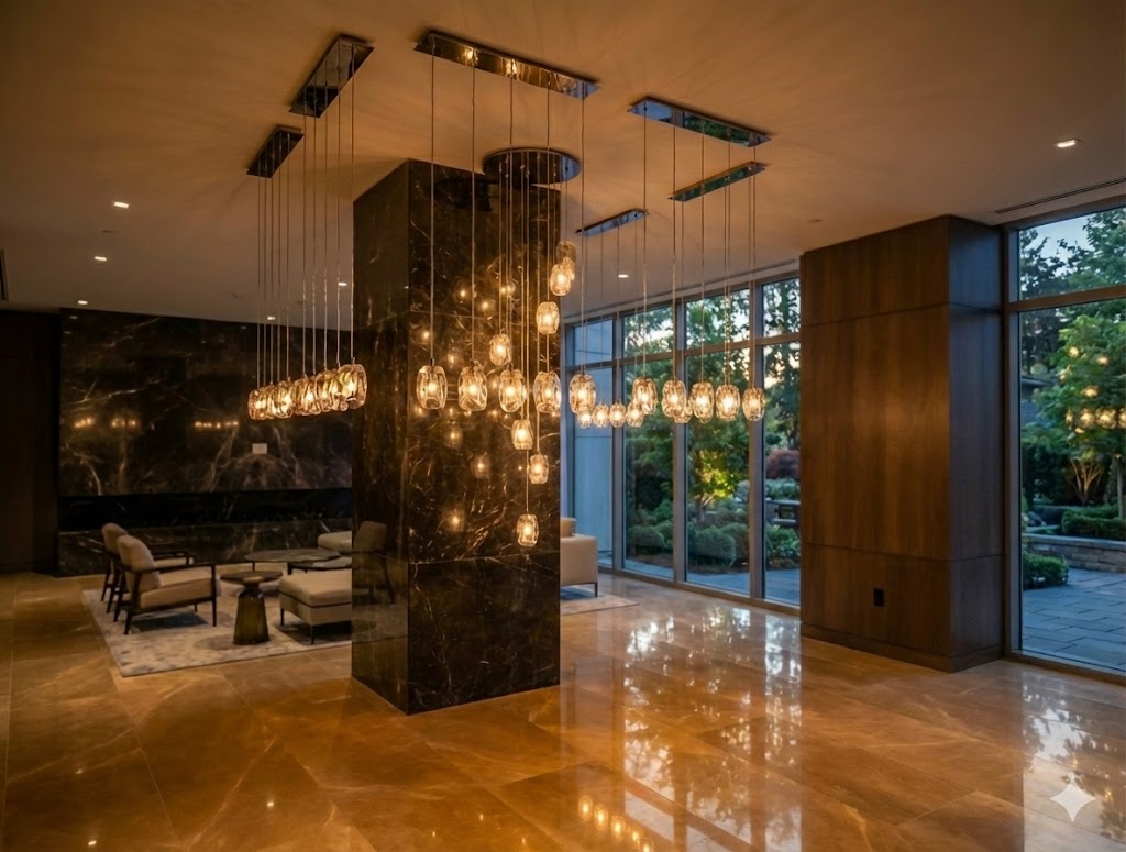 Modern kitchen with a wooden dining table, white chairs, and a hanging light fixture above.